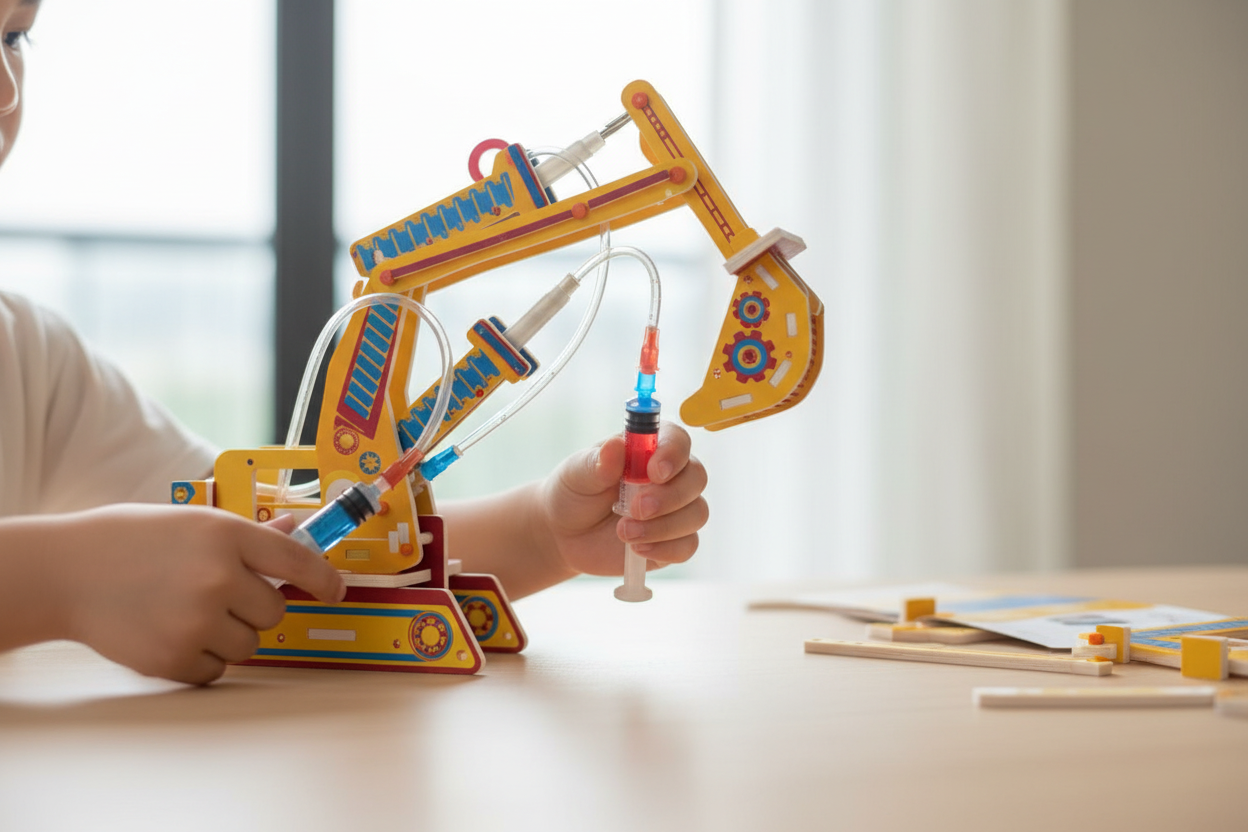 Child building STEM DIY Hydraulic Excavator Construction Set