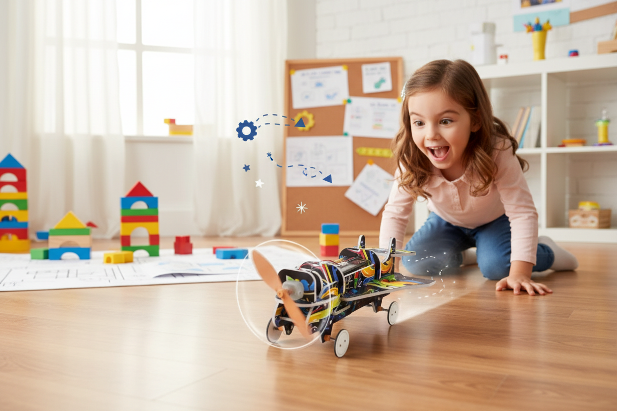 Child watching air-powered vehicle zoom in action