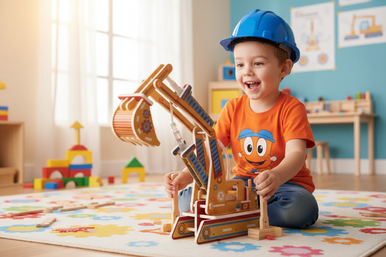 Child operating hydraulic excavator controls