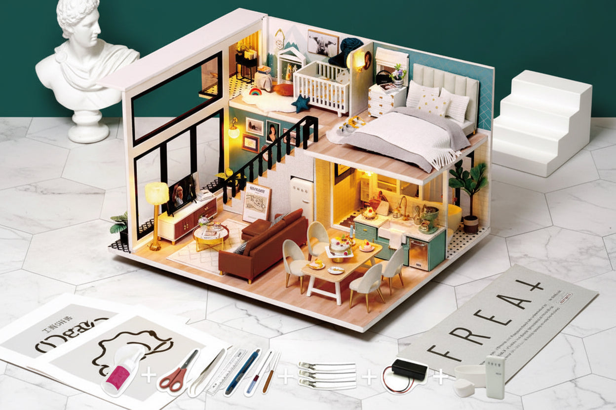 Handmade Miniature LED Dollhouse – Fully Paintable DIY Kit | Ages 8+