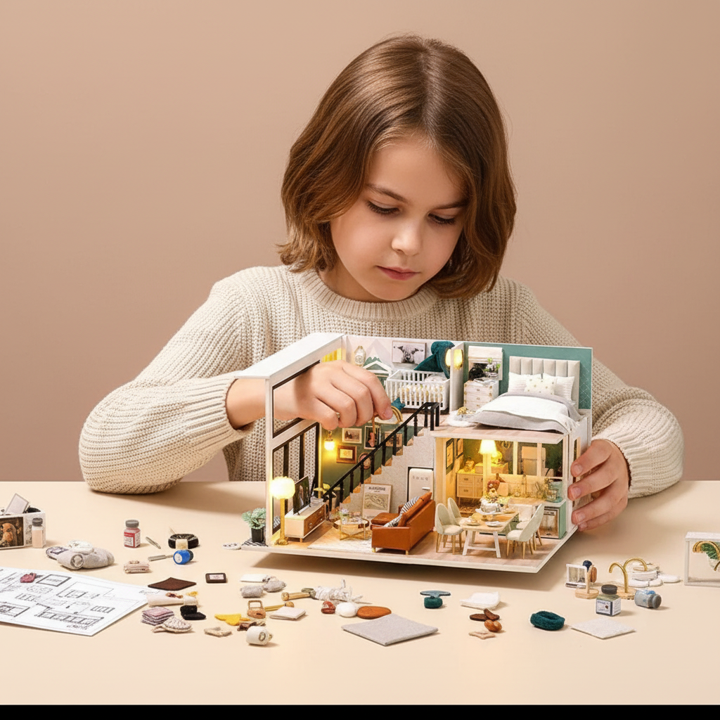 Handmade Miniature LED Dollhouse – Fully Paintable DIY Kit | Ages 8+