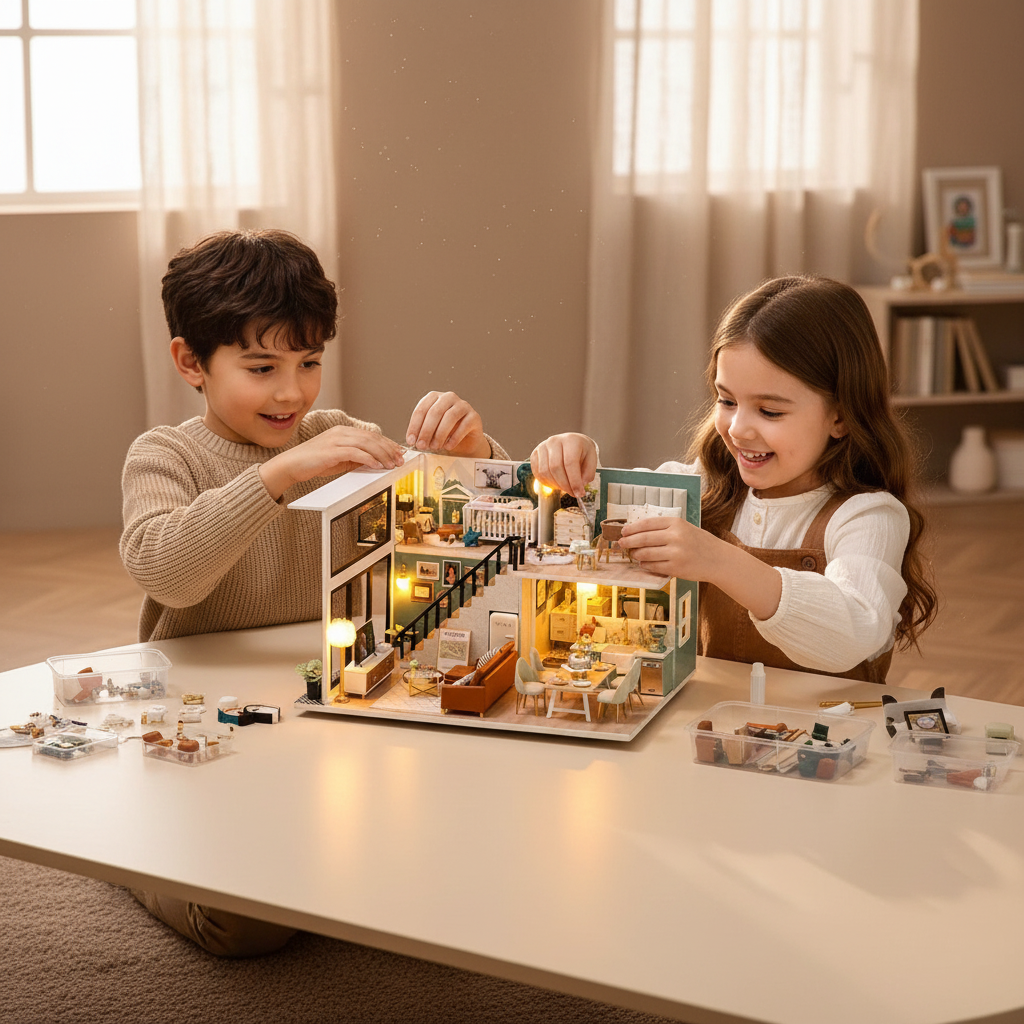 Handmade Miniature LED Dollhouse – Fully Paintable DIY Kit | Ages 8+