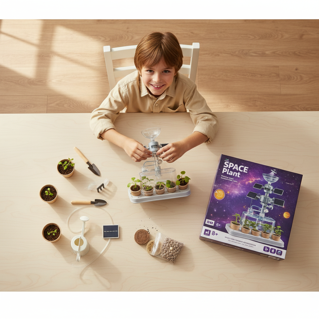Child assembling solar greenhouse from overhead view