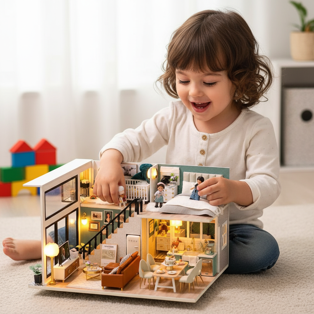 Handmade Miniature LED Dollhouse – Fully Paintable DIY Kit | Ages 8+