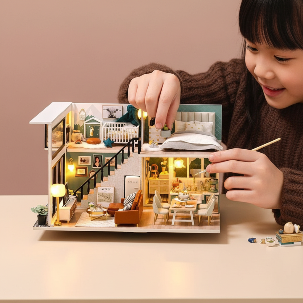 Handmade Miniature LED Dollhouse – Fully Paintable DIY Kit | Ages 8+